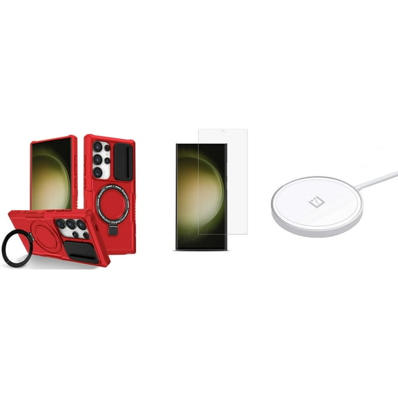 Guardian Series Case for Samsung Galaxy S24 Ultra with Glass Screen Protector, Wireless Charger - Titan Red