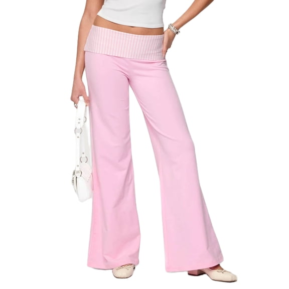 Fold Over Yoga Pants for Women Y2k Striped/Bow/Dot Print Straight Leg Sweatpants Solid Color Foldover Bell Bottoms Stretchy Loose Gym Lounge Pants