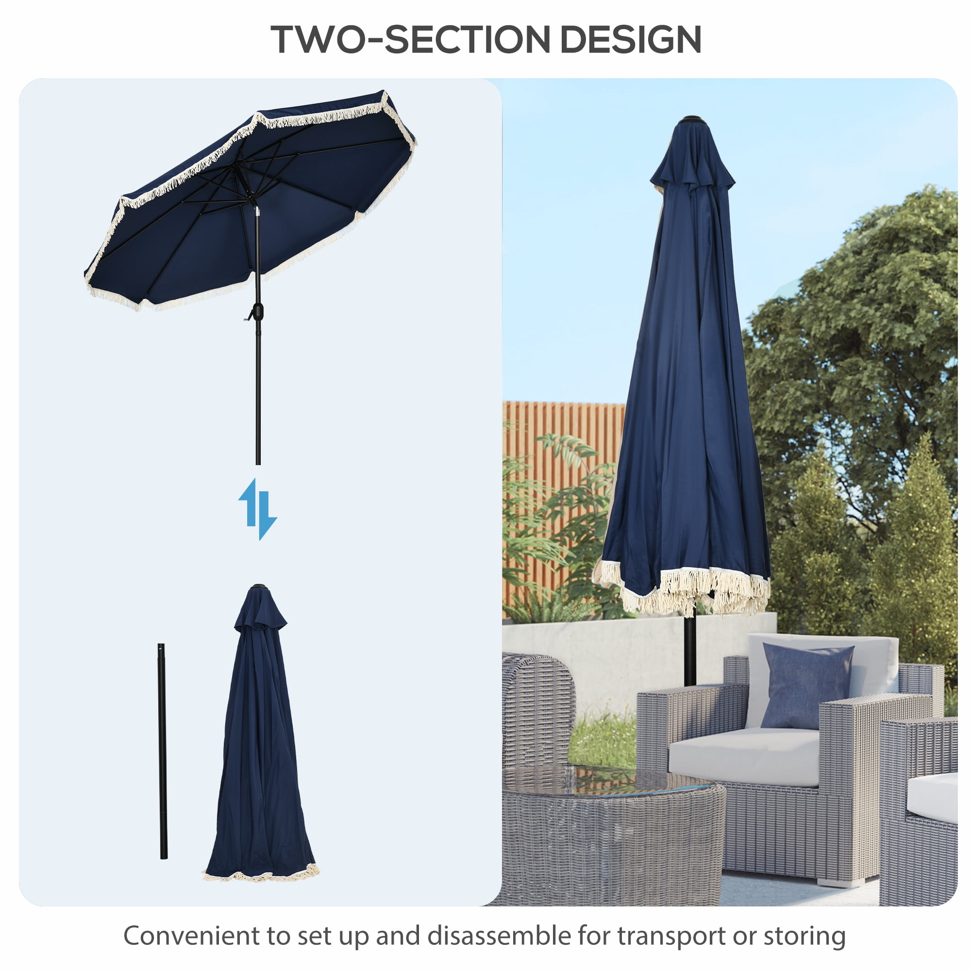 Outsunny 9ft Patio Umbrella with Tilt, Ruffled Outdoor Umbrella, Dark Blue