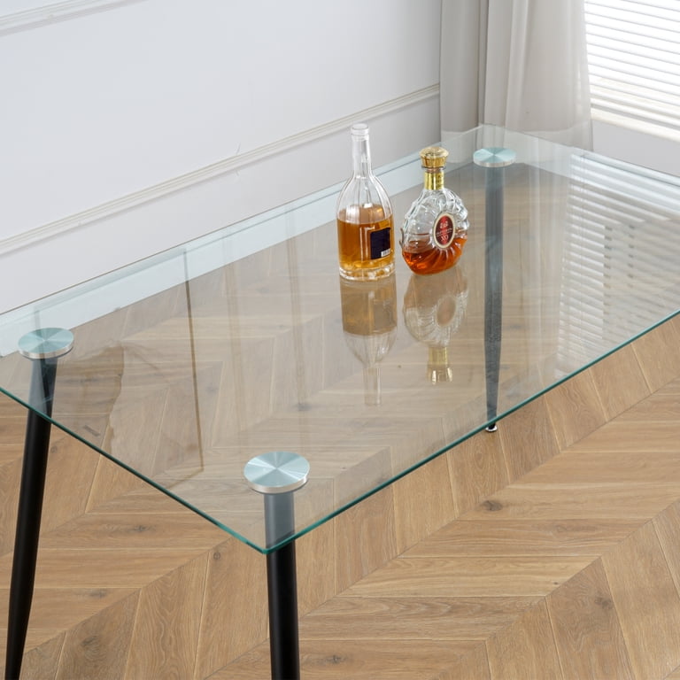 51.2 Inch Rectangular Glass Dining Table - Seats 4-6 - Modern Black Steel Criss-Cross Legs Kitchen Table