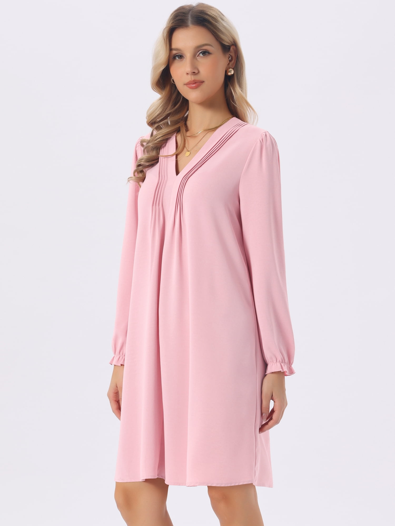 DARING DIVA Women's Casual Knee Length V Neck Pleated Flowy Shirt Dress S Pink