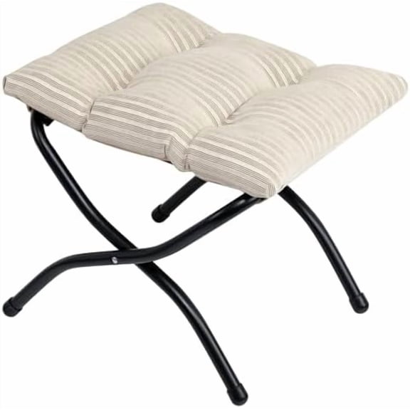 15"(H) Folding Footrest Stool, Upholstered Small Foldable Ottoman, Accent Padded Sofa Foot Stool for Lazy Chair, Metal Frame Portable Foot Rest Ottoman for Living Room, Bedroom, Beige Stripe