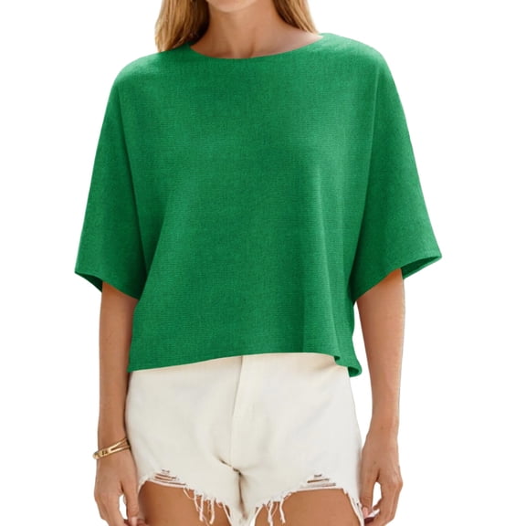 Half Sleeve Solid Color Women Casual Oversize Knit Pullover Sweater
