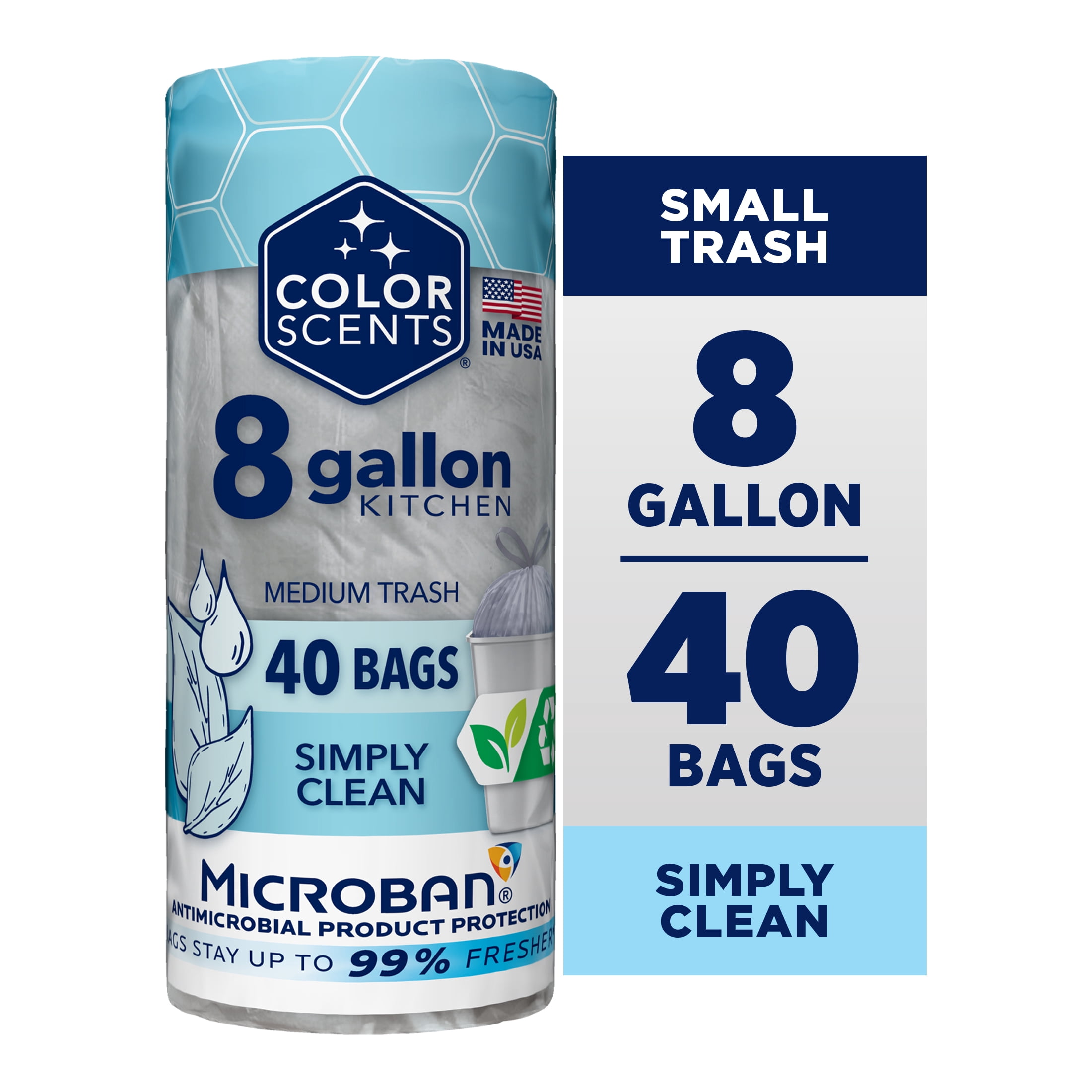 (3 pack) Color Scents Medium Drawstring Trash Bags with Simply Clean Scent, 8-Gallon, 40 Count, Microban Protection