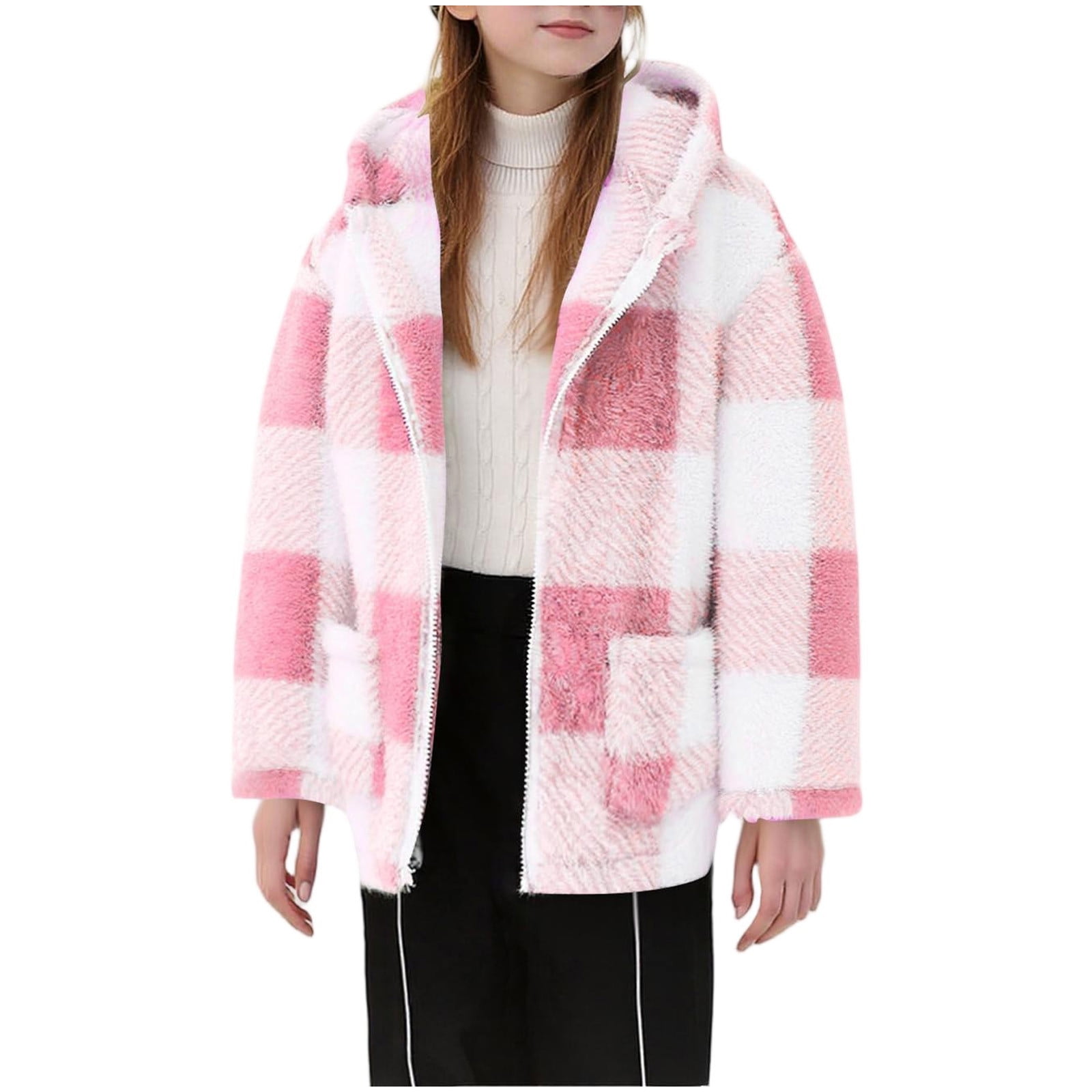 Xdegoge Girls Fleece Sherpa Jacket Plaid Fuzzy Zip Up Long Sleeve Hoodie Teen Thermal Loose Cozy Hooded Coats Tween 2025 Winter Thick Warm Outerwear With Pockets Age 8-14 Years