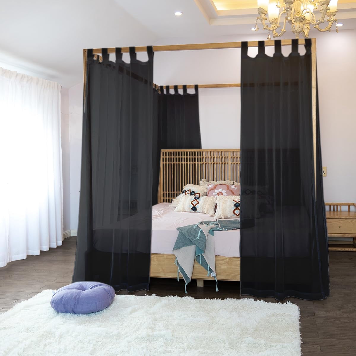 Black Canopy Bed Curtains - 8 Panels Set with Tiebacks, Easy Open & Close Tabs, Quick Install for 4 Poster Bed or Queen Bed Frames, Romantic Touch for Bedrooms, Canopy Bed Curtains Queen