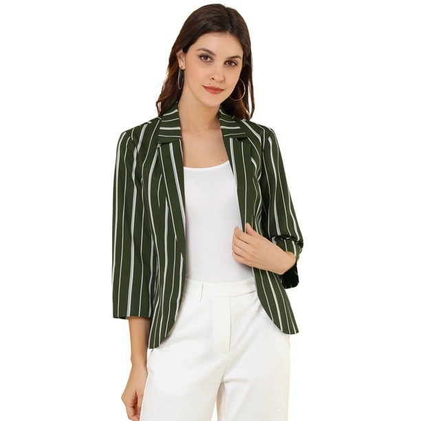 Blazer De Solapa Con Muescas Y Mangas 3/4 A Rayas Para Mujer Verde oscuro XS