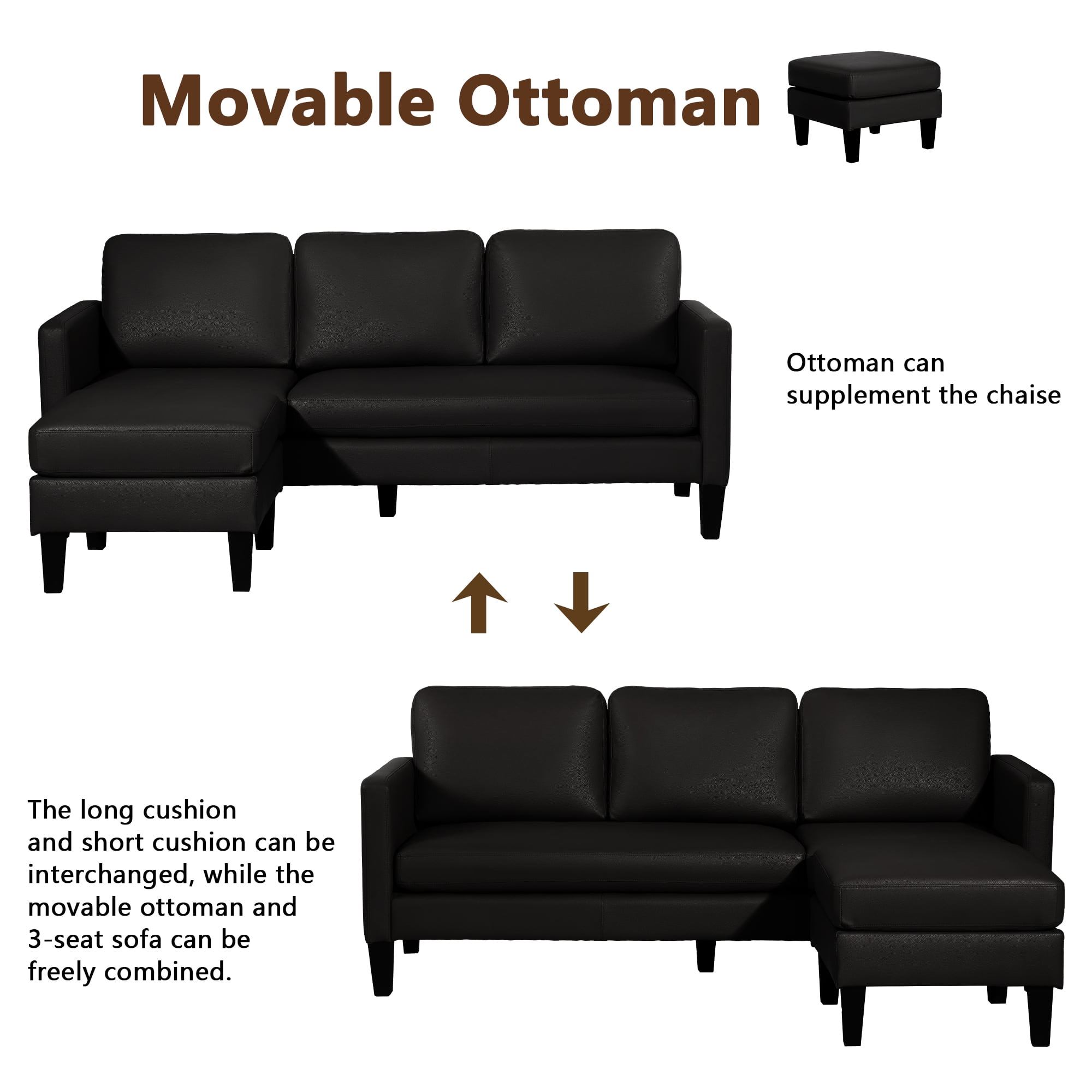 Magic Union Sectional Sofa,Faux Leather Mid-Century Modern Reversible Couch,L Shaped 3-Seat Sofa Couch with Chaise for Living Room,Apartment and Small Space,Black