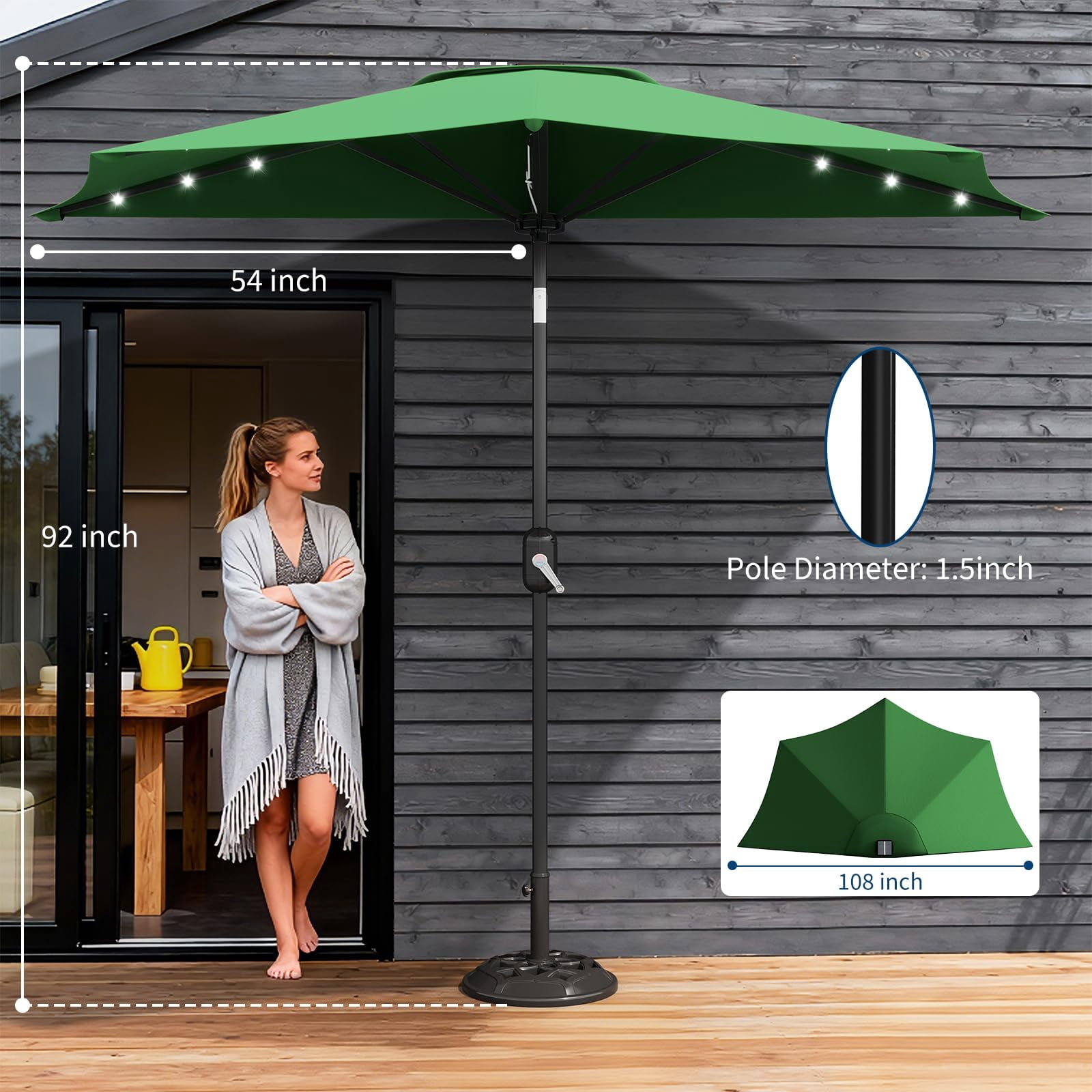 Senfot 9FT Half Patio Umbrella with Solar LED Lights, Smooth Crank Lift Outdoor Shade Canopy, UV Resistant for Patio Backyard Deck, Dark Green