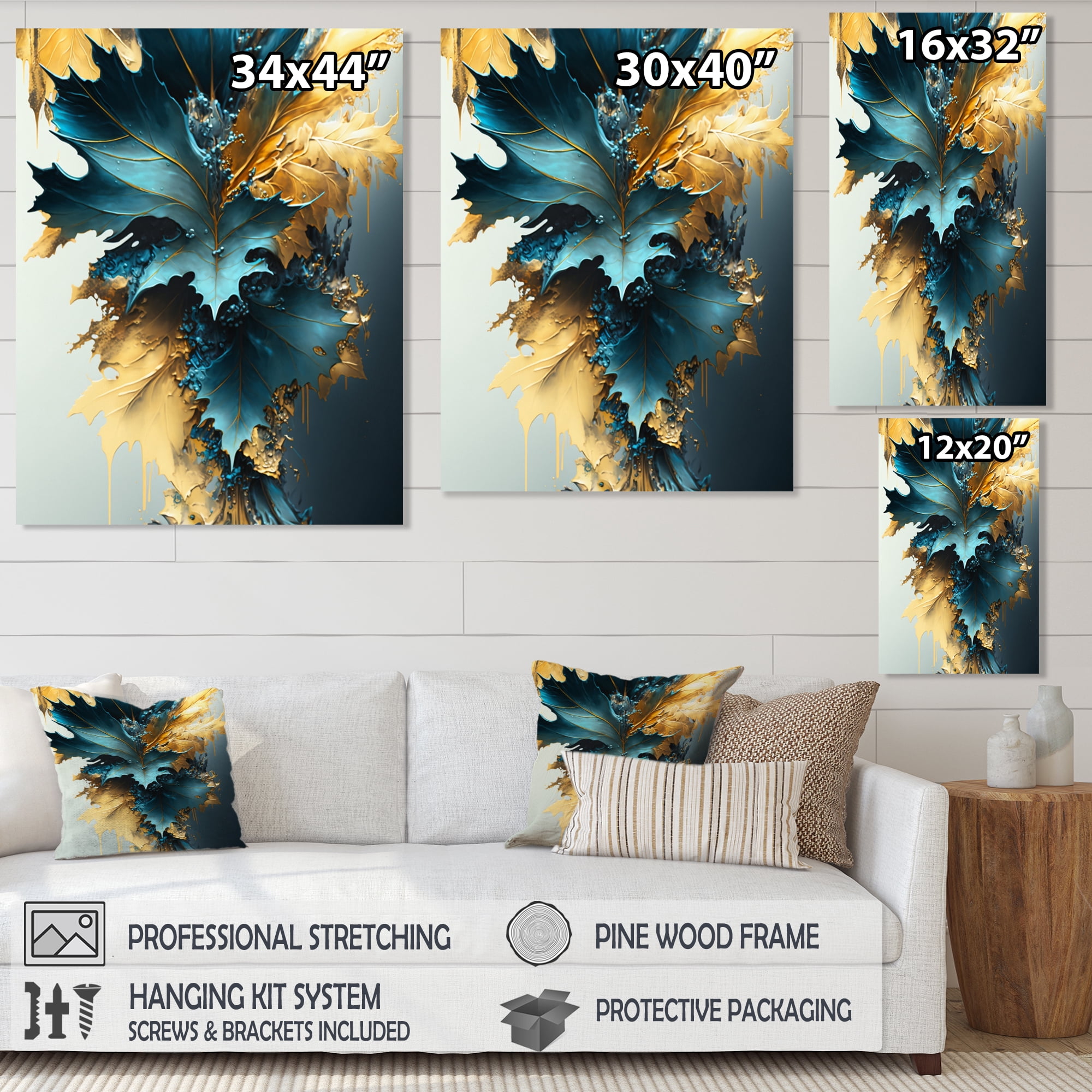 Designart Abstract Blue And Gold Leaves II Canvas Wall Art