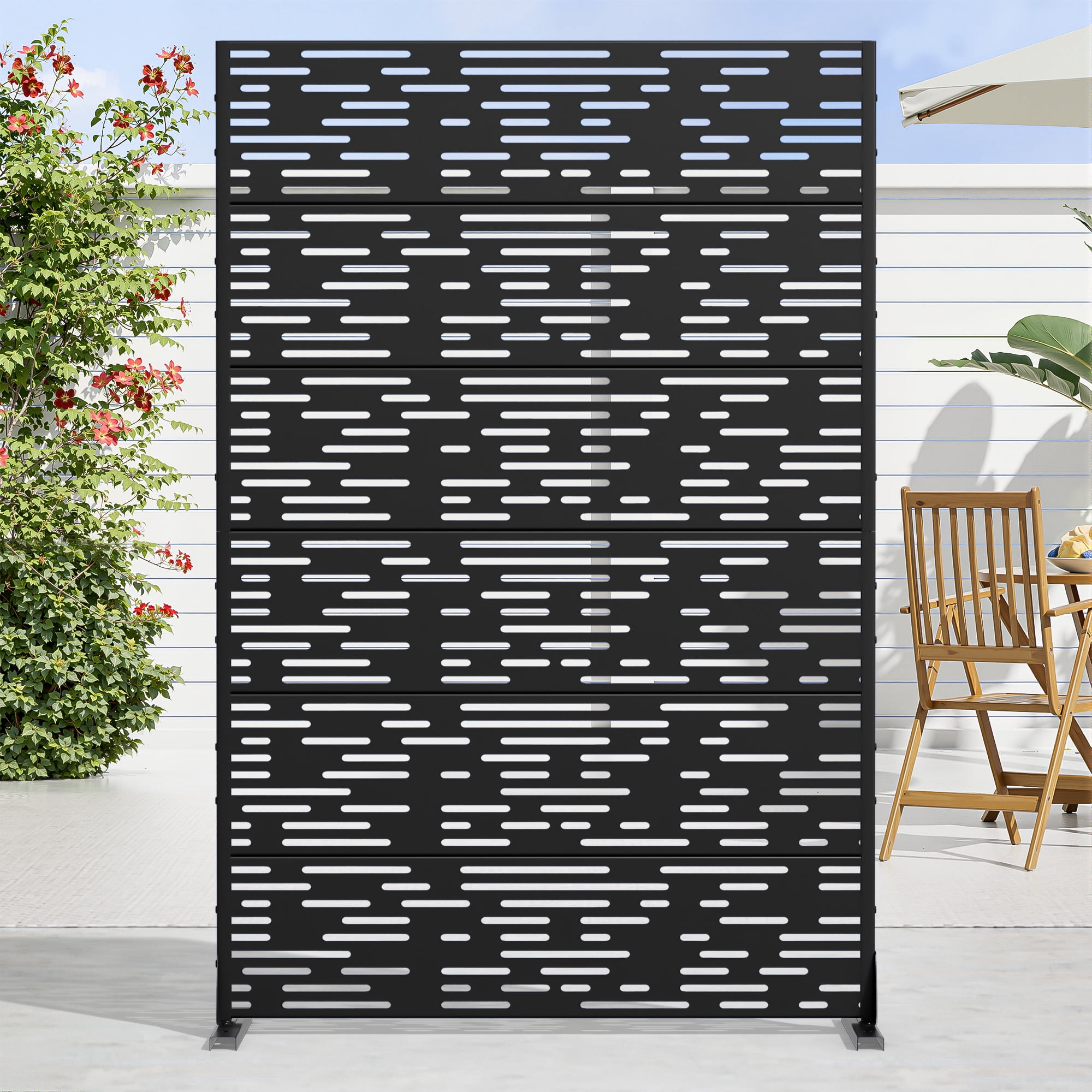 MAYEERTY 72 × 47in Outdoor Privacy Screen with Stand Metal Balcony Decorative Screen, Black
