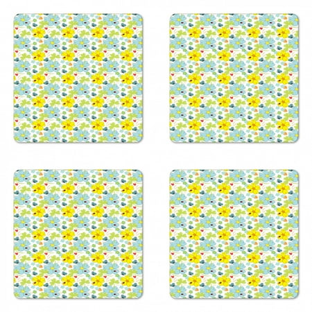 

Yellow and Blue Coaster Set of 4 Daisies and Shamrock Flowers with Hand Drawn Style Hearts and Ladybugs Square Hardboard Gloss Coasters Standard Size Multicolor by Ambesonne