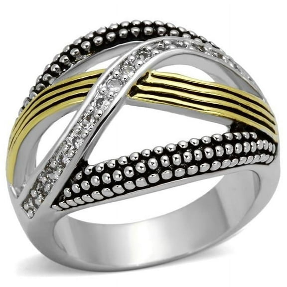Alamode 3W305-6 Women Reverse Two-Tone Brass Ring with AAA Grade CZ in Clear - Size 6