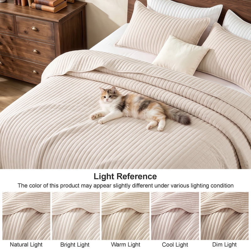 Exclusivo Mezcla Full Queen Quilt Bedding Set, Stripe Stitching Beige Quilts Queen Size for All Seasons, Soft Lightweight Microfiber Bedspreads Coverlets Bed Cover, 90"x96"
