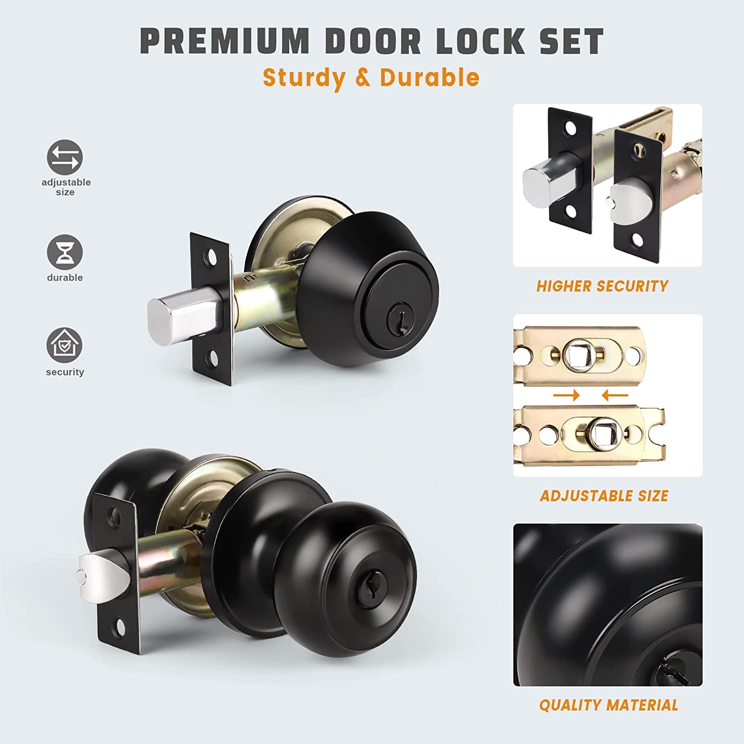 2 Pack All Keyed Same Entry Door Knob and Single Cylinder Deadbolt Combo Set, Black Exterior Door Knobs with Lock and Key for Entrance and Front Door, Keyed Alike Deadbolt and Door Knob Set
