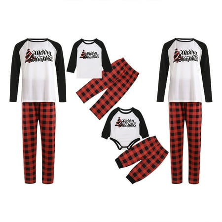

Matching Family Pajamas Sets Reindeer and Christmas Tree Long Sleeve Crew Neck Pullover and Red Black Plaid Pants Loungewear