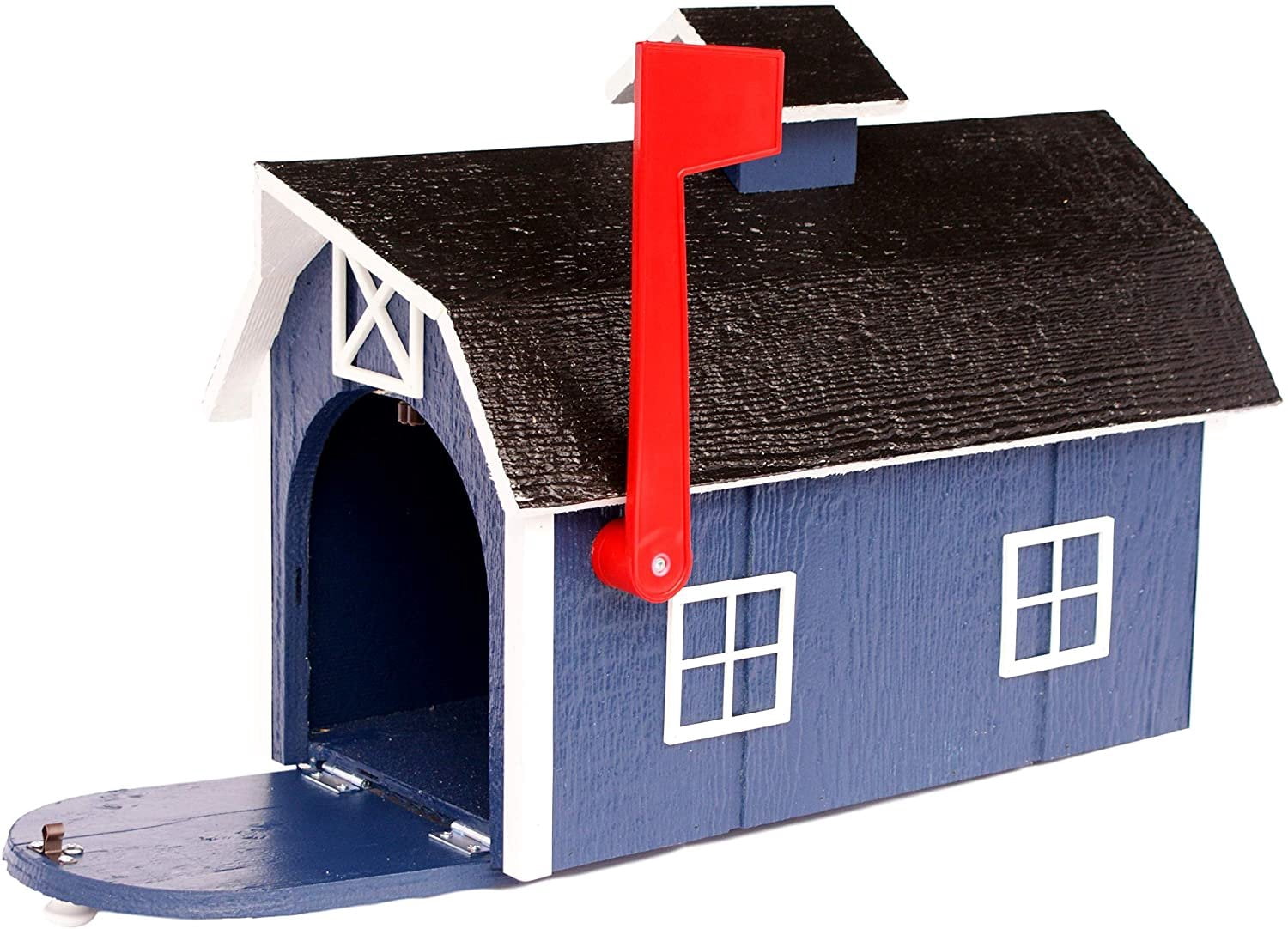 Amish-Made Deluxe Wooden Mailbox, Dutch Barn Style Navy Blue with White Trim