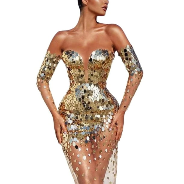 Vestido de noche ajustado con lentejuelas, hombros descubiertos y manga larga para dama