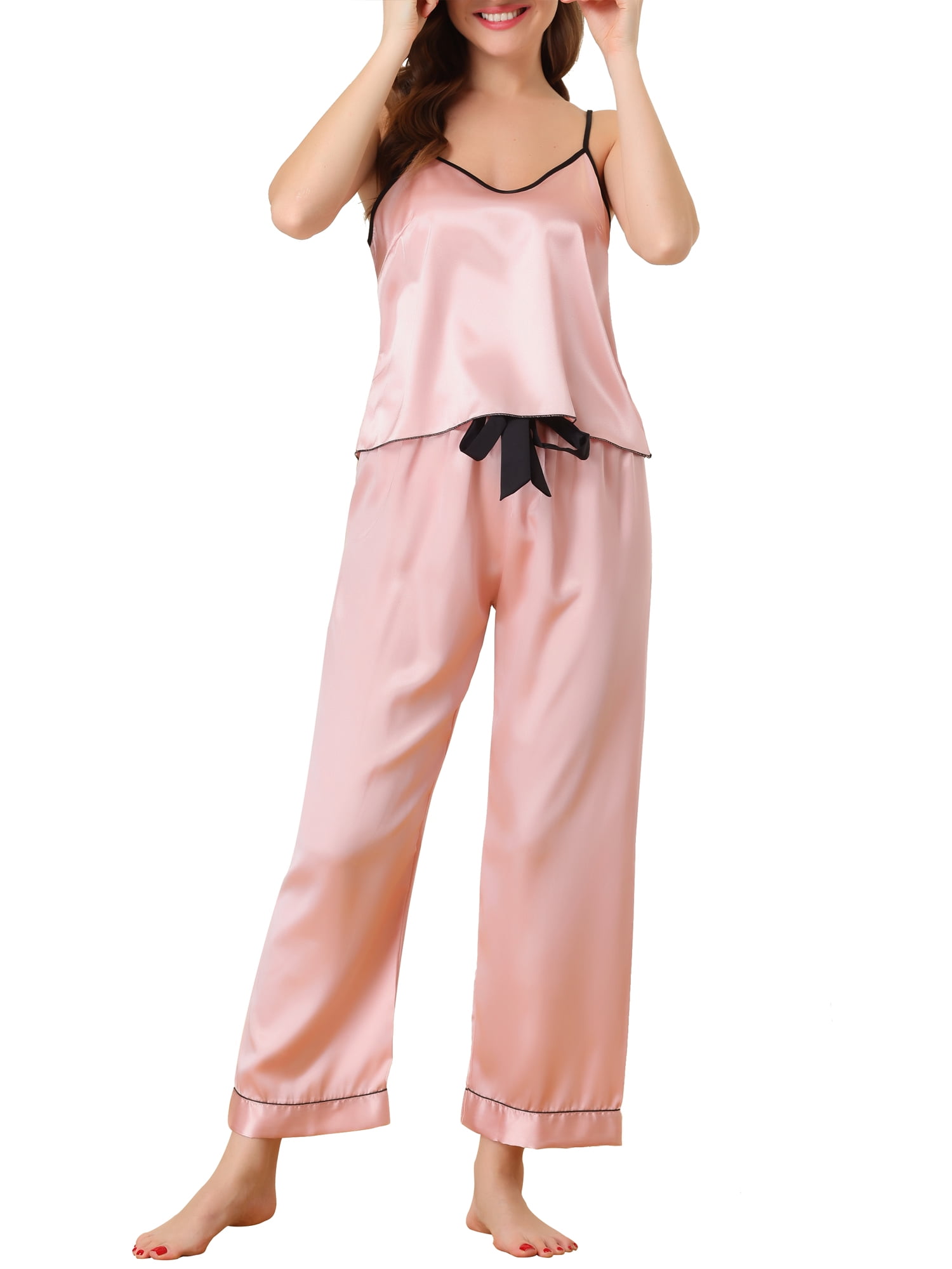 Unique Bargains Women's Suspenders Soft Ice Silk Pajamas 3 Piece Sleepwear Sets