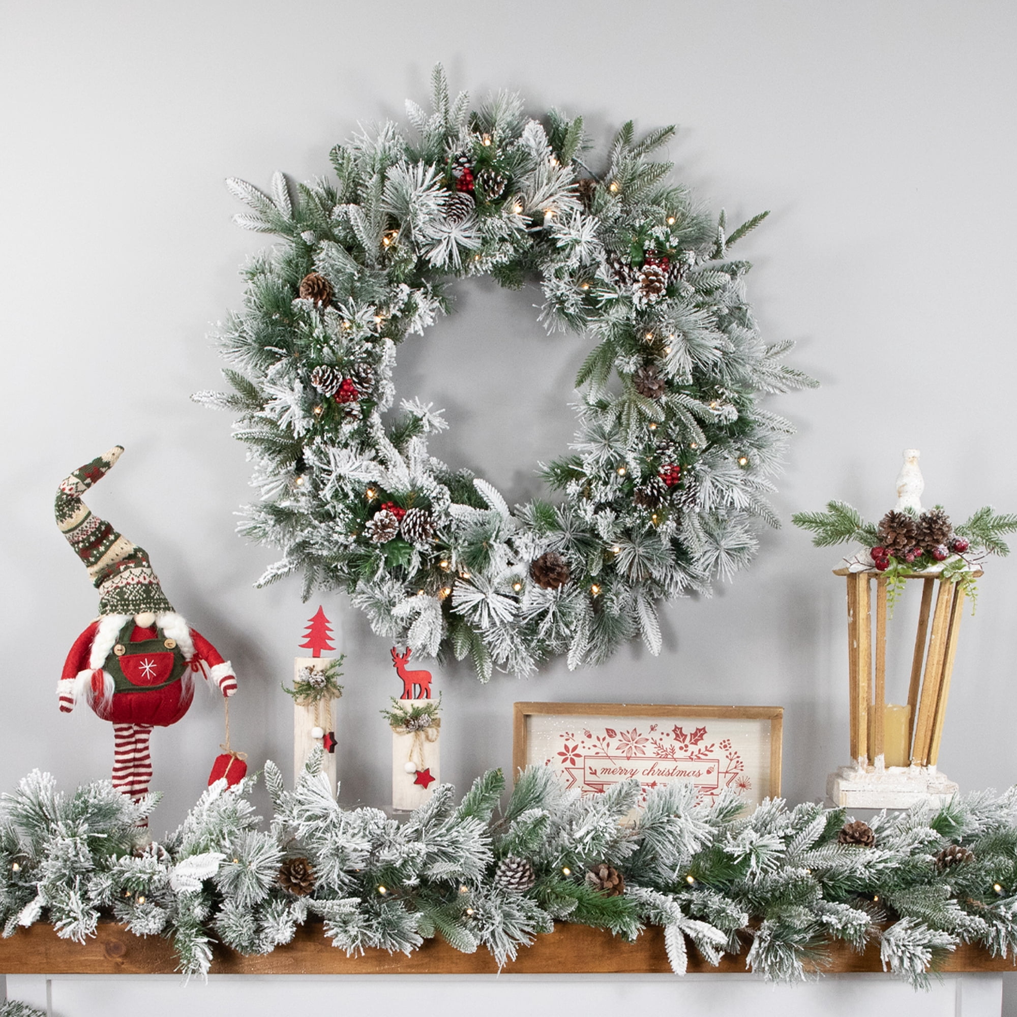 Pre-Lit LED Flocked Mixed Rose Mary Emerald Angel Pine Artificial Christmas Wreath - 30-Inch Clear Lights