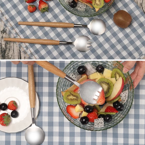 OFFIGAM Wooden Salad Servers Stainless Steel Multi Color Classic Design Kitchen Utensils 2Pcs