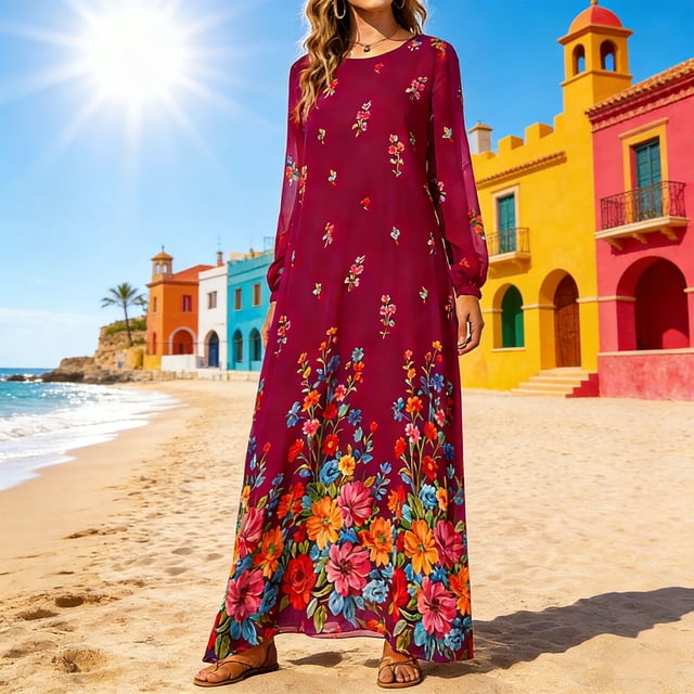 TaTaai Spring Summer Solid Color Printed Dress for Women Chiffon Long Sleeve Round Neck Casual Flowy Midi Dress Soft Comfy Daily Vacation Outfits Gift
