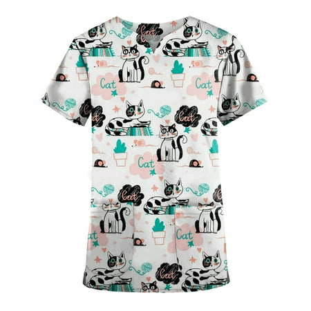 

Yubatuo Women Plus Size Scrubs Top with Pockets V-Neck Short Sleeve Printed Work Blouse for Women Black S