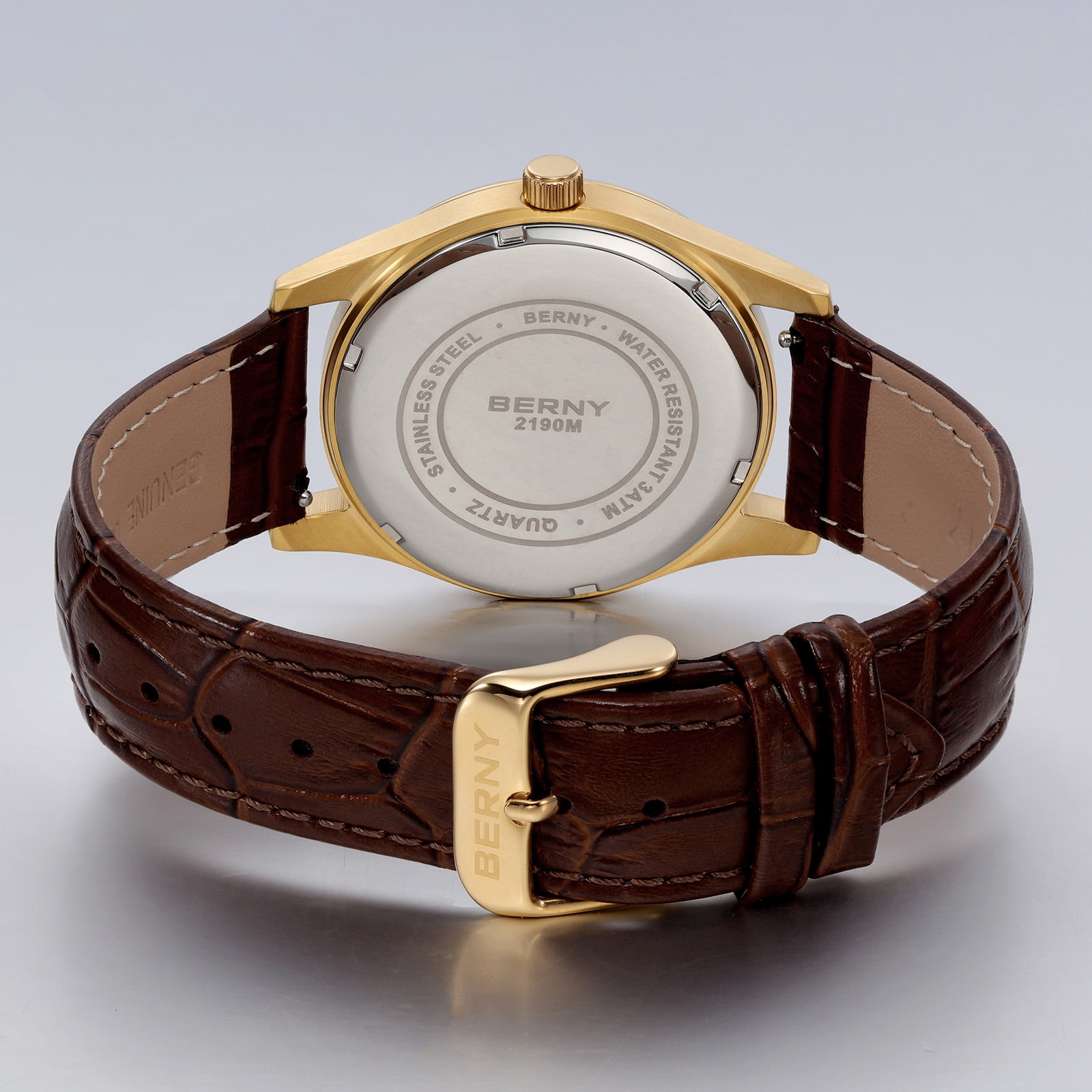 BERNY Dress Watches for Men, MultiFunction Leather Watch with Moon Phase, Day & Date Calendar, Stainless Steel Case, Easy to Read, Waterproof, Classic Analog Quartz Wrist Watch (Gold)