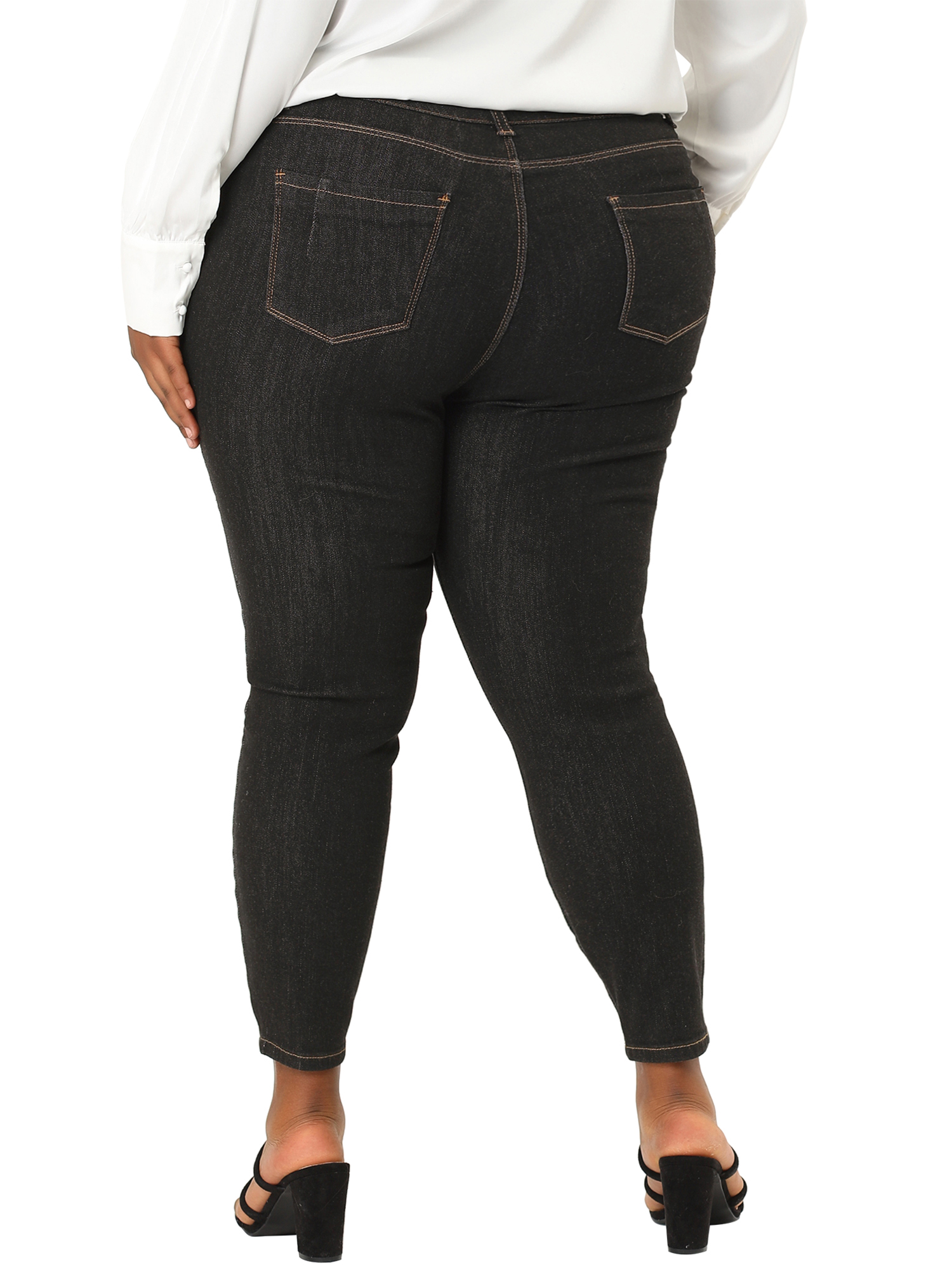 MODA NOVA Junior's Plus Size Jeans Denim Stretch Work Contrast Color Line Skinny Mid Rise Jeans Black 2X - image 3 of 5