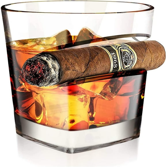 Drinking glass whiskey, Transparent Glasses; Drink, glass old style with cigar holder, Blown glass to 380 ml hand, brandy, vodka, whisky, bourbon, cocktail Ideal for etc.