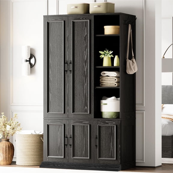 Armoire Wardrobe Closet Storage Cabinet With Five Doors Four Shelves And Hanging Rail Wooden Bedroom Garment Organizer Unit Black