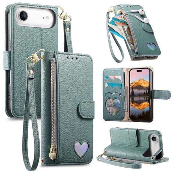 For iPhone Air Leather Phone Case Wallet Heart-shaped Zipper Pocket Pouch Folio Flip Cover Kickstand, Multi Anti-theft Multi-Card Holder Cash Slot, Double Magnetic Buckle, Wrist Lanyard,green