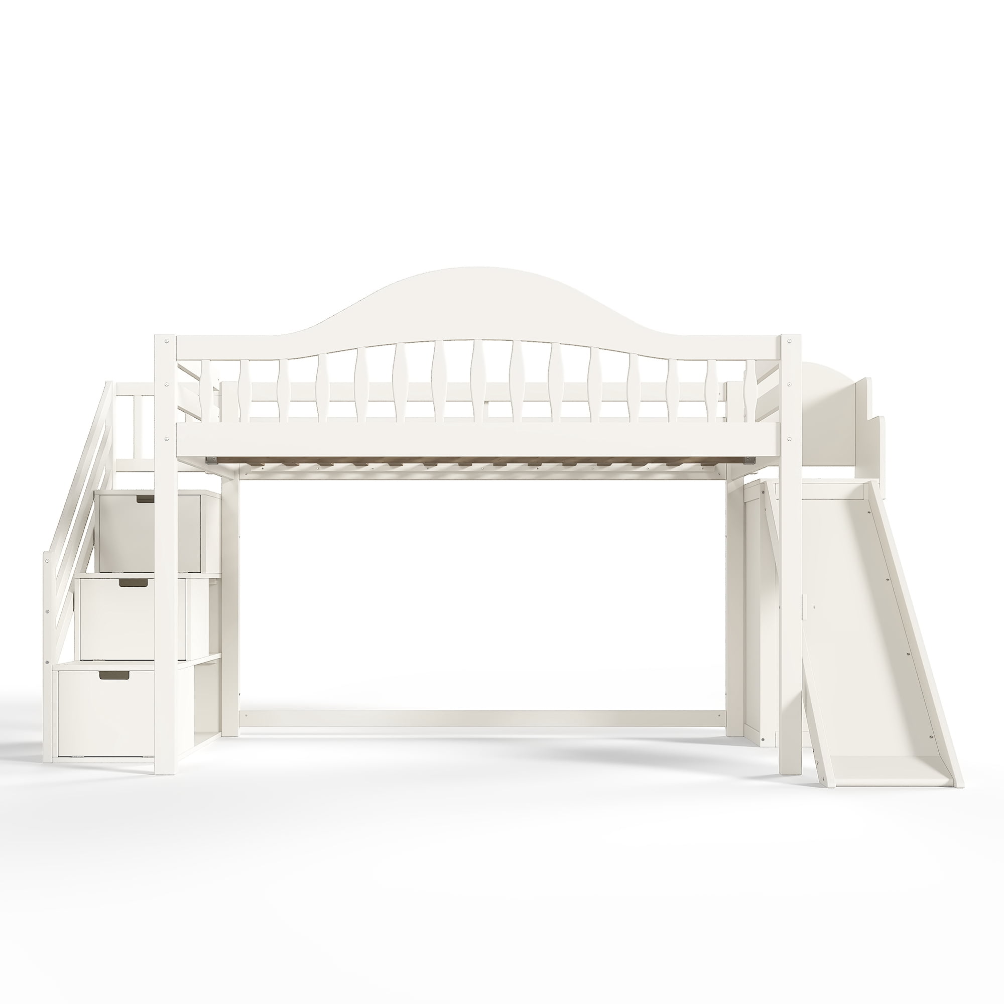 Leumius Full Loft Bed with Storage Stairs, Slide & Built-in Wardrobe, Stylish High Guardrail, Wood Loft Bed Frame for Bedroom,Dorms,Guests Beige
