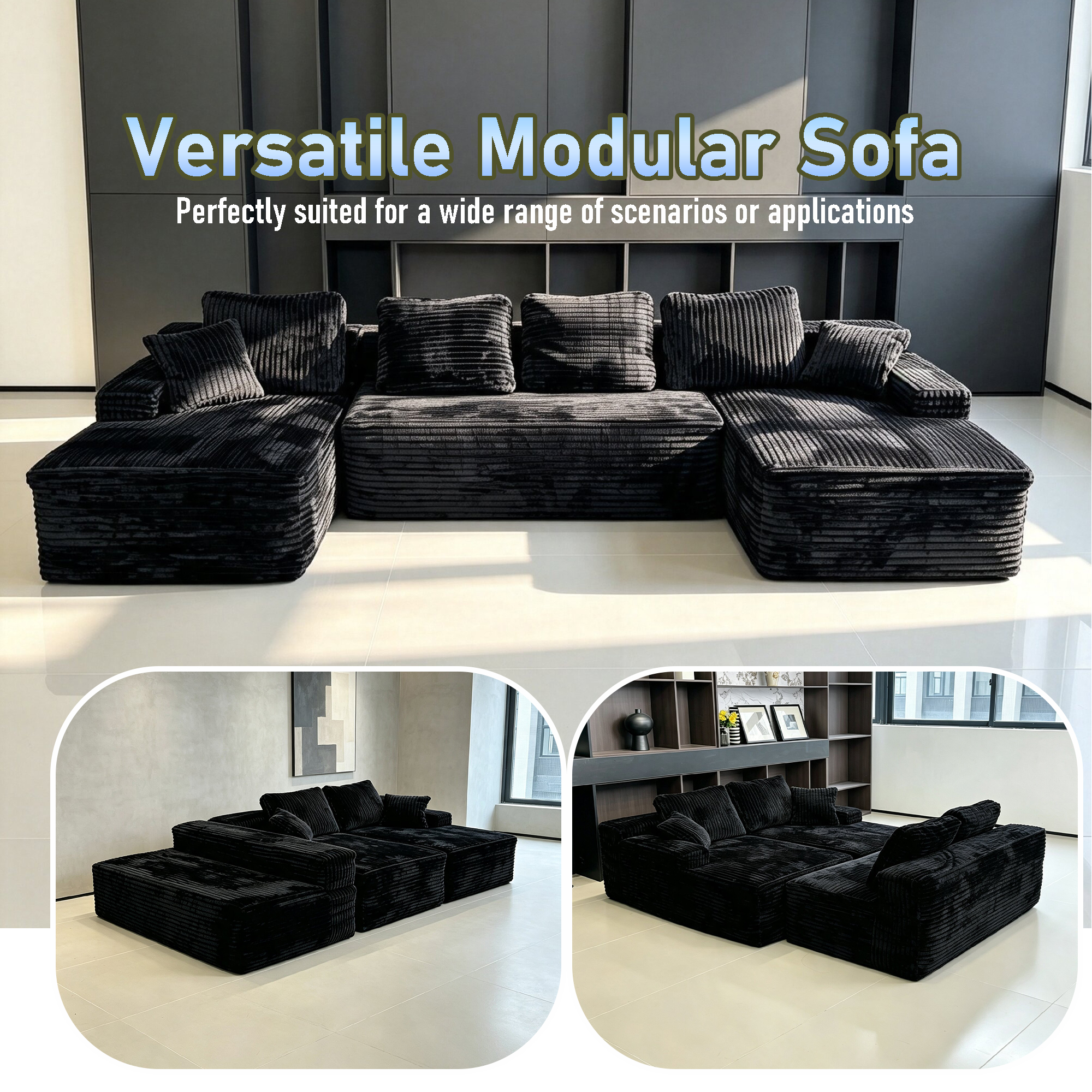 Howcool 131" U‑Shaped Modular Sectional Sofa with Deep Seat Chaise,Corduroy 4‑Seat Boneless Cloud Couch,Compressed Sofa for Living Room,No Assembly Required,Black