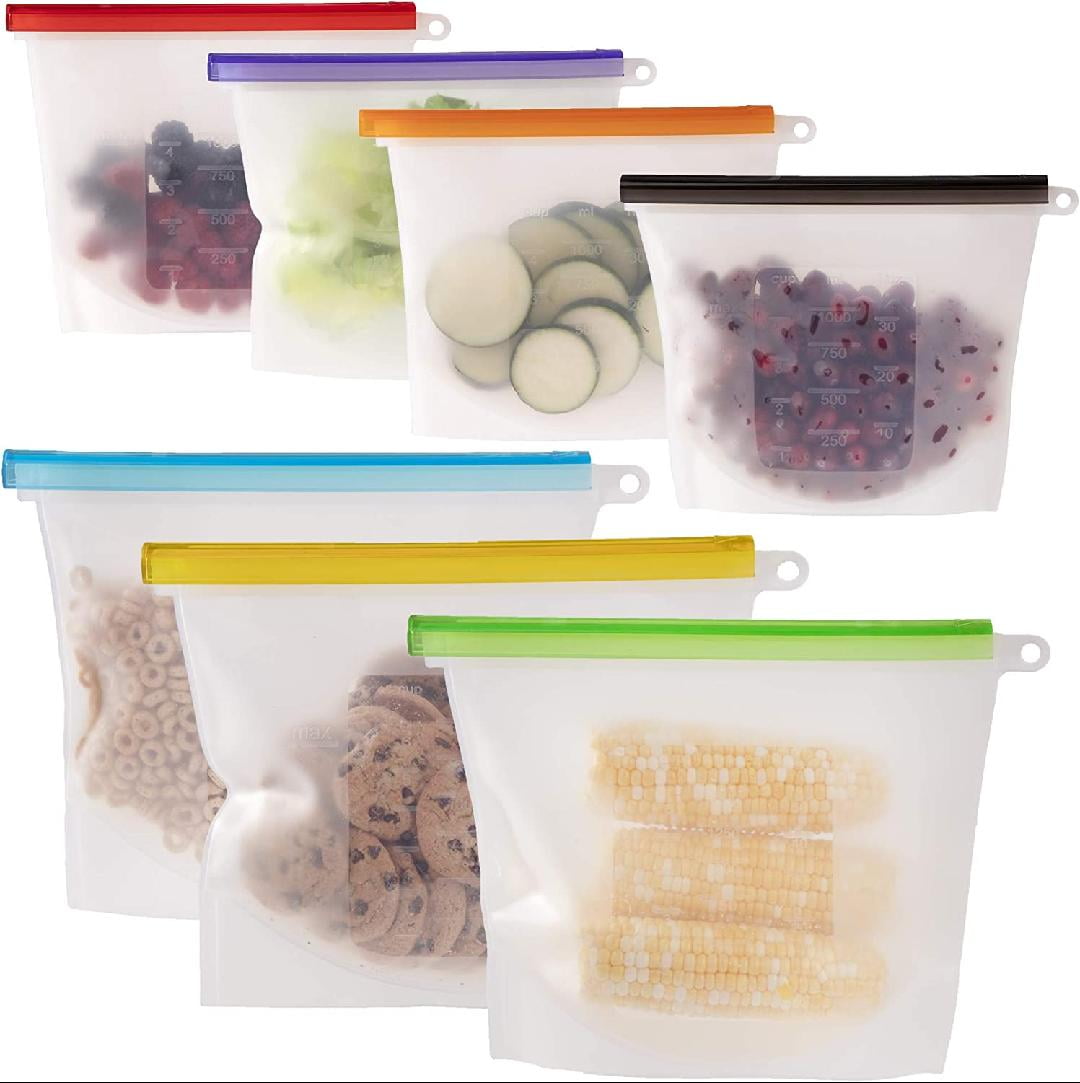 100 Silicone Reusable Food Storage Bags Set of 7 Leakproof