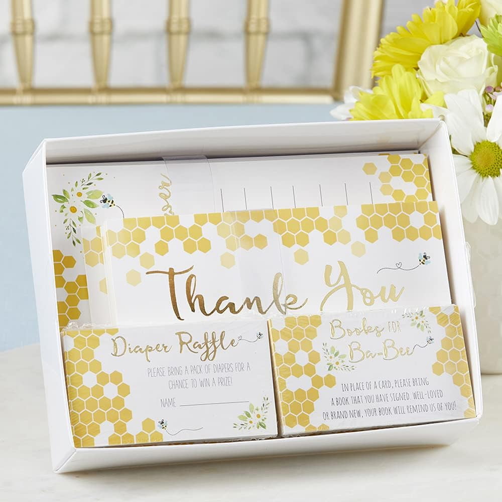 Kate Aspen Sweet as Can Bee Baby Shower Invitation & Thank You Card Bundle (Set of 25), Invitations, Envelopes, Thank You Post Cards, Diaper Raffle Cards, "Books for Baby" Cards