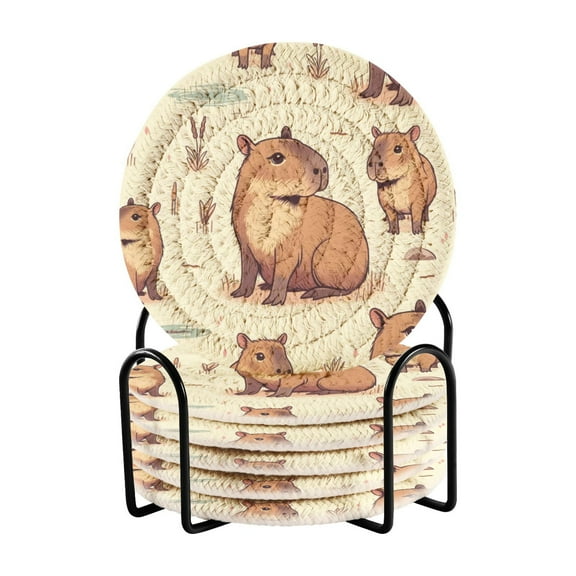 Capybara Animal and Plant Coasters with Holder for Coffee Table 6 Pcs Drink Coaster Sets Absorbent for Home Decor 4 inch