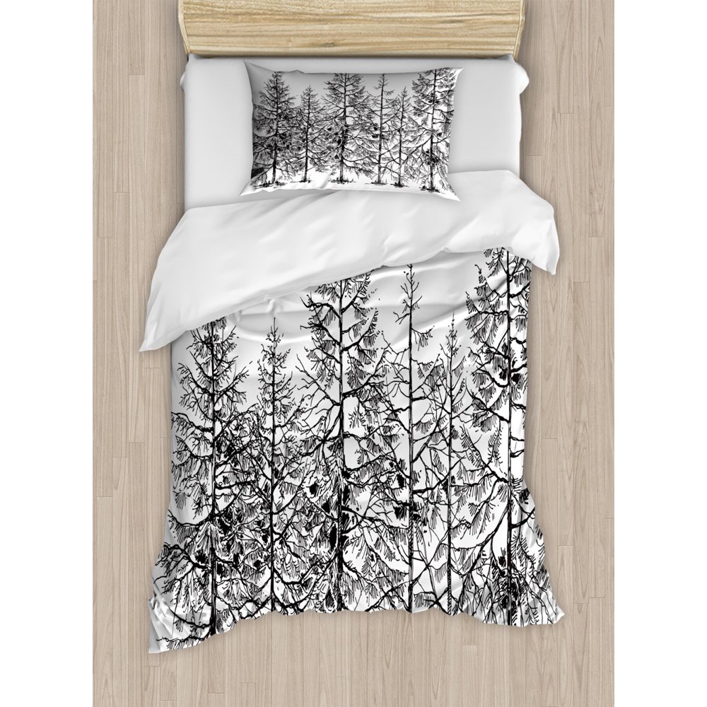 Winter Duvet Cover Set, Cold Pine Tree Landscape Under Puffy Snow Pile Outlined Pointy Xmas Tree