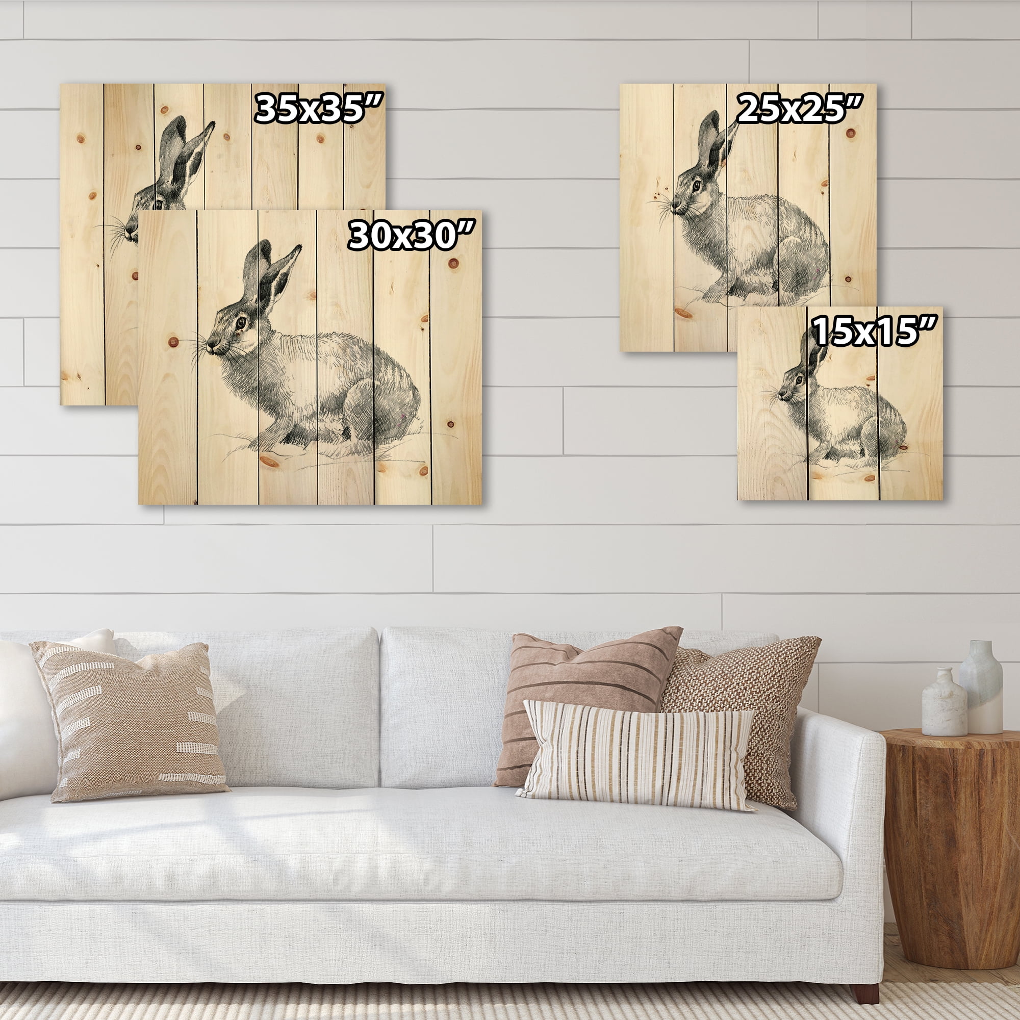 Designart 'Black and White Portrait Of Rabbit' Farmhouse Print on Natural Pine Wood