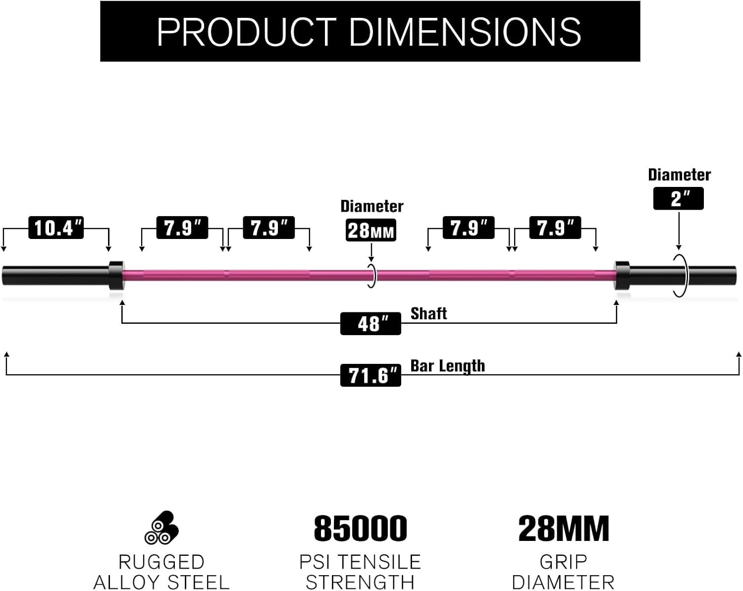 RitFit Olympic Barbell  6FT- 2 Inch Weight Bar for Strength Training, Weightlifting, Squat, Deadlift, Bench Press, Curl, Overhead Press - 500lbs Capacity Black/Pink