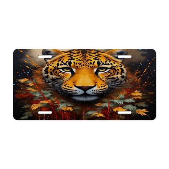 Tiger Face with Autumn Leaves License Plate Lightweight Aluminum Automotive Decoration Vanity Tag for Front Back Car 12x6 Inch
