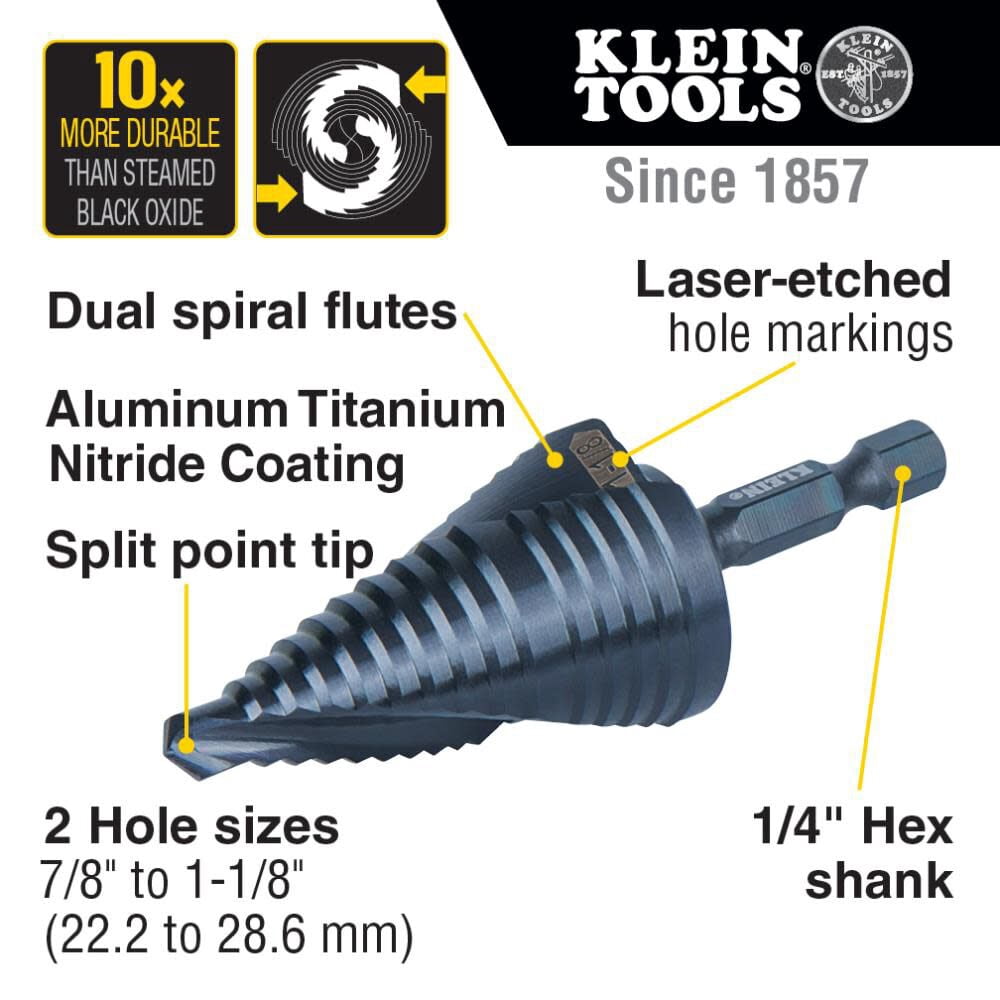Klein Tools 7/8In To 1-1/8In Quick Release Sprial Flute Step Drill Bit