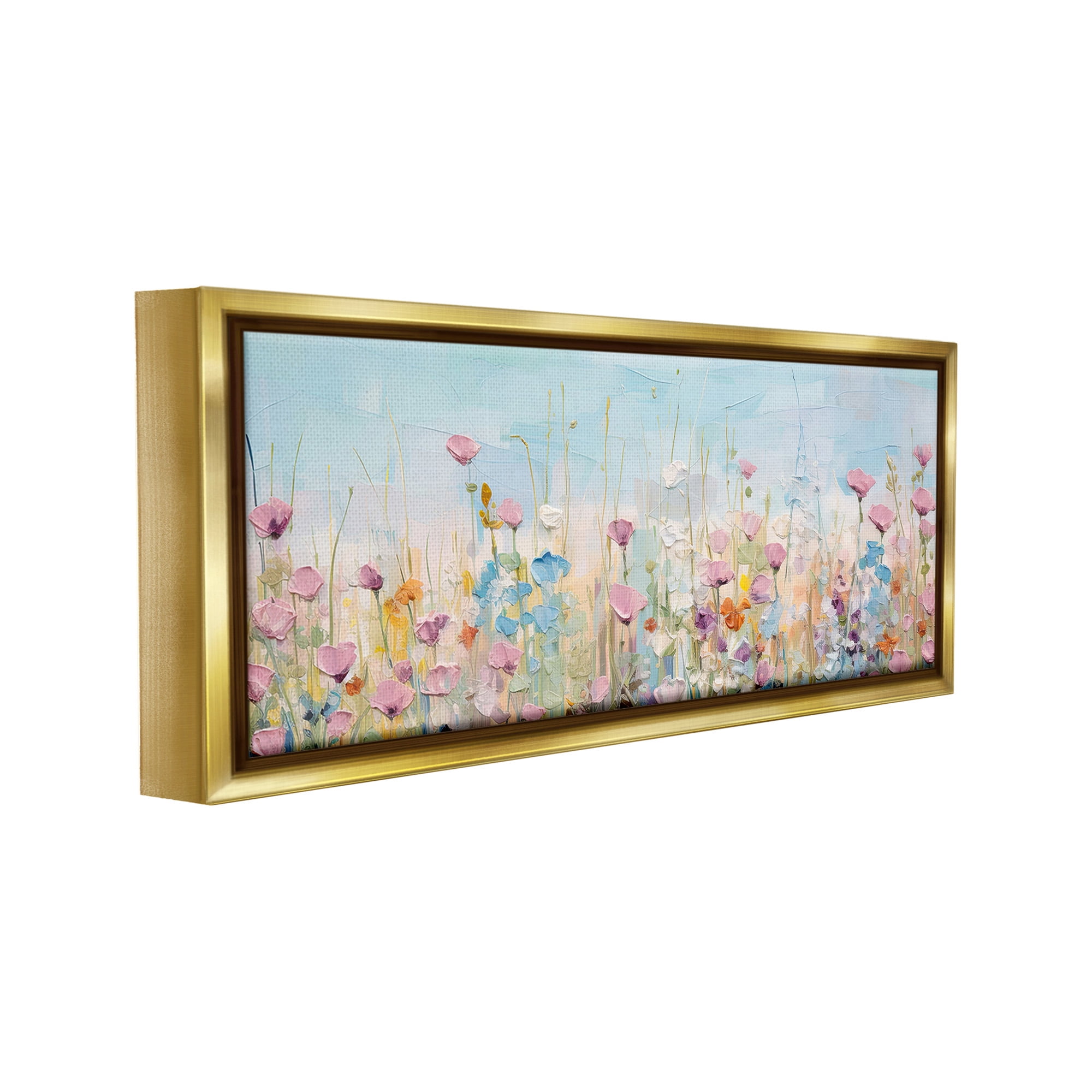 Stupell Industries Peaceful Wildflowers Meadow Botanical & Floral Painting Gold Floater Framed Canvas Art Print Wall Art, 25 x 11