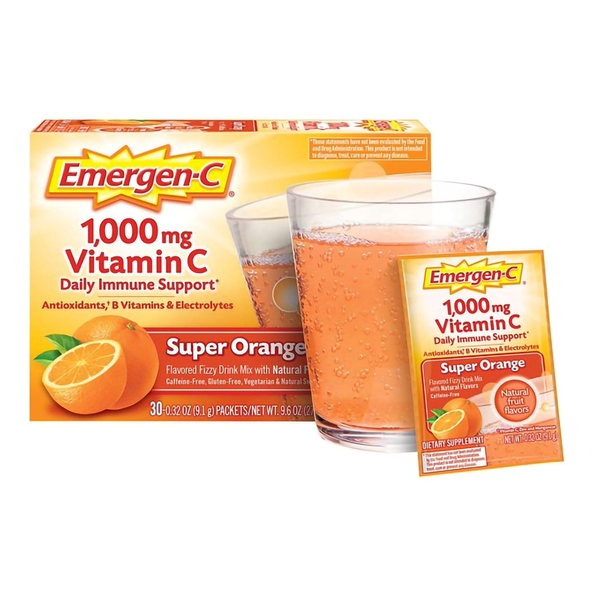 Emergen-C 1000Mg Vitamin C Powder for Immune Support Super Orange, 30 Count, 0.32 Oz Packets