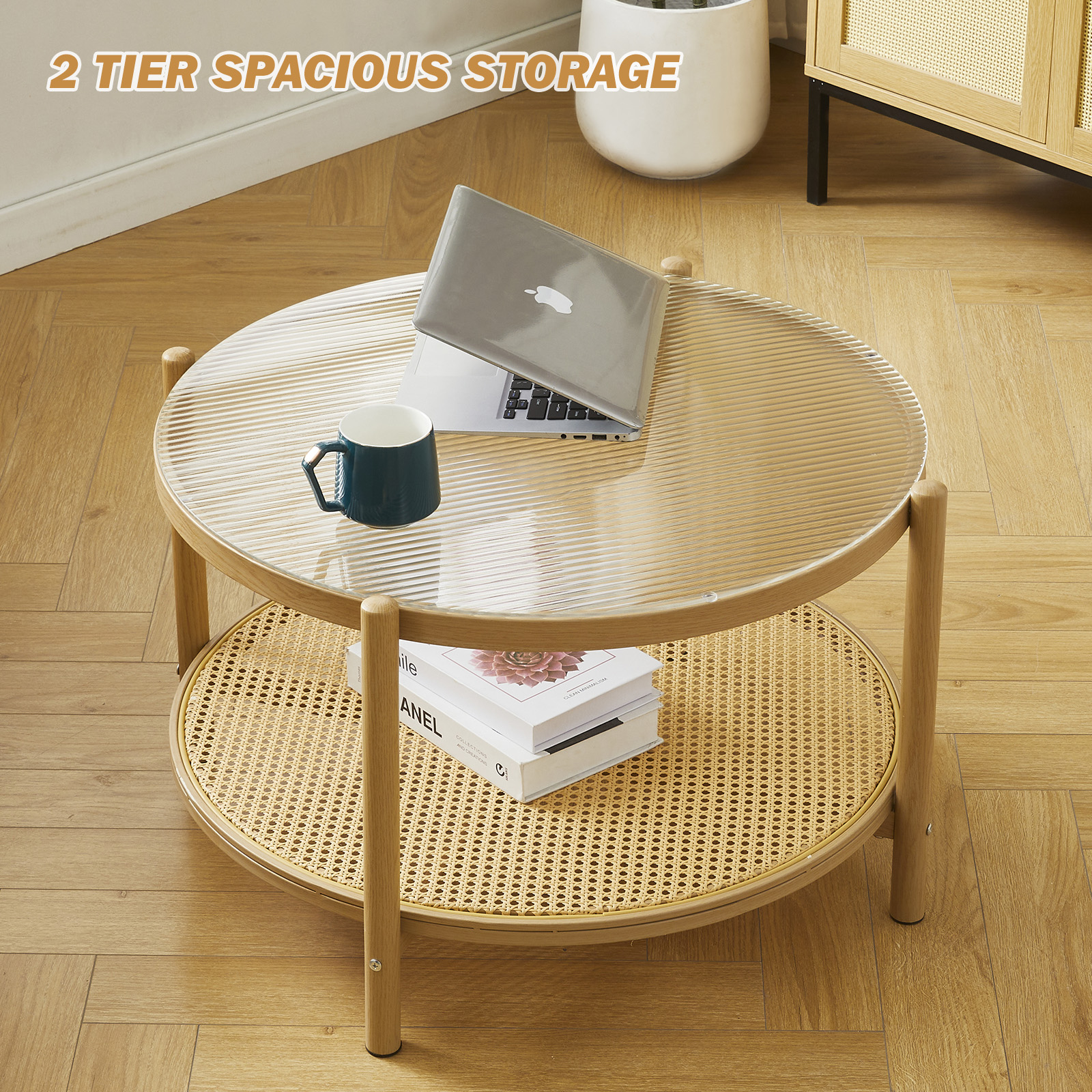 COSVALVE 2 Tier 27.5" Boho Rattan Round Glass Coffee Table