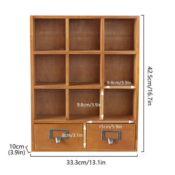 Loyalheartdy 9-Cube Bookshelf Storage Organizer Retro Wooden Cubby-style Storage Rack with 2 Drawers for Home Office