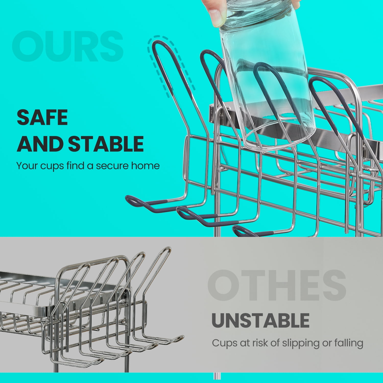 LEDREM 2-Tier Stainless Steel Dish Rack - Space Saving Design with Rotating Spout, Complete Drying System, Utensil & Glass Holders, Silver and Gray