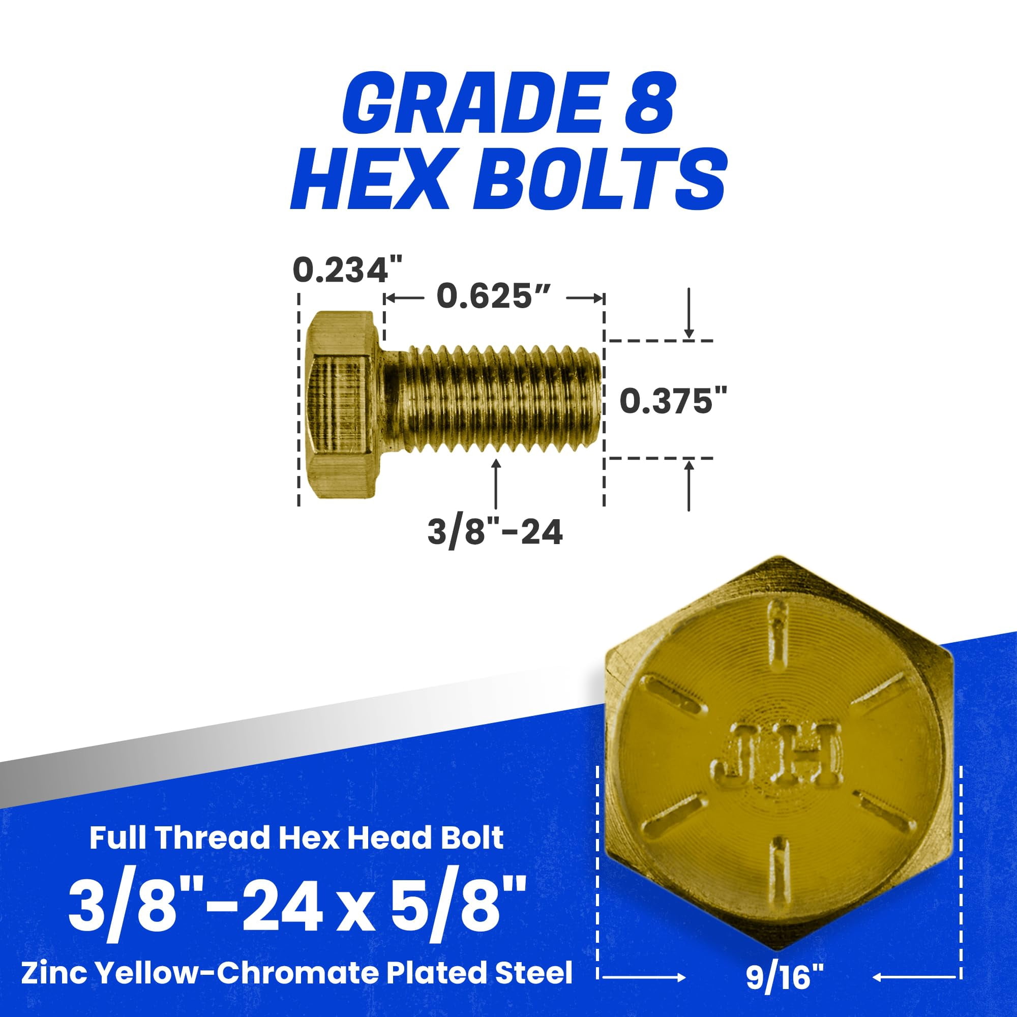 Fastenere 3/8"-24 x 5/8" Hex Bolts Grade 8 Zinc Yellow-Chromate Plated Steel, Fully Threaded Durable Hex Bolts for Machinery & Construction, Rust-Resistant, Heavy-Duty Fasteners, Pack of 25