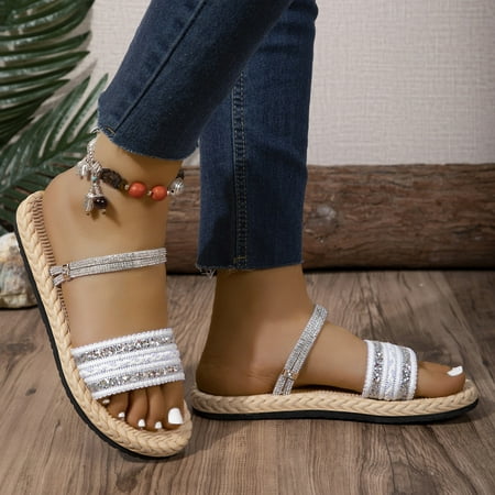 

Ediodpoh Ladies Summer Flowers Bohemian Style Rhinestone Sequins Beach Outside Wear Flat Sandals Slippers Womens Sandals White 9(42)
