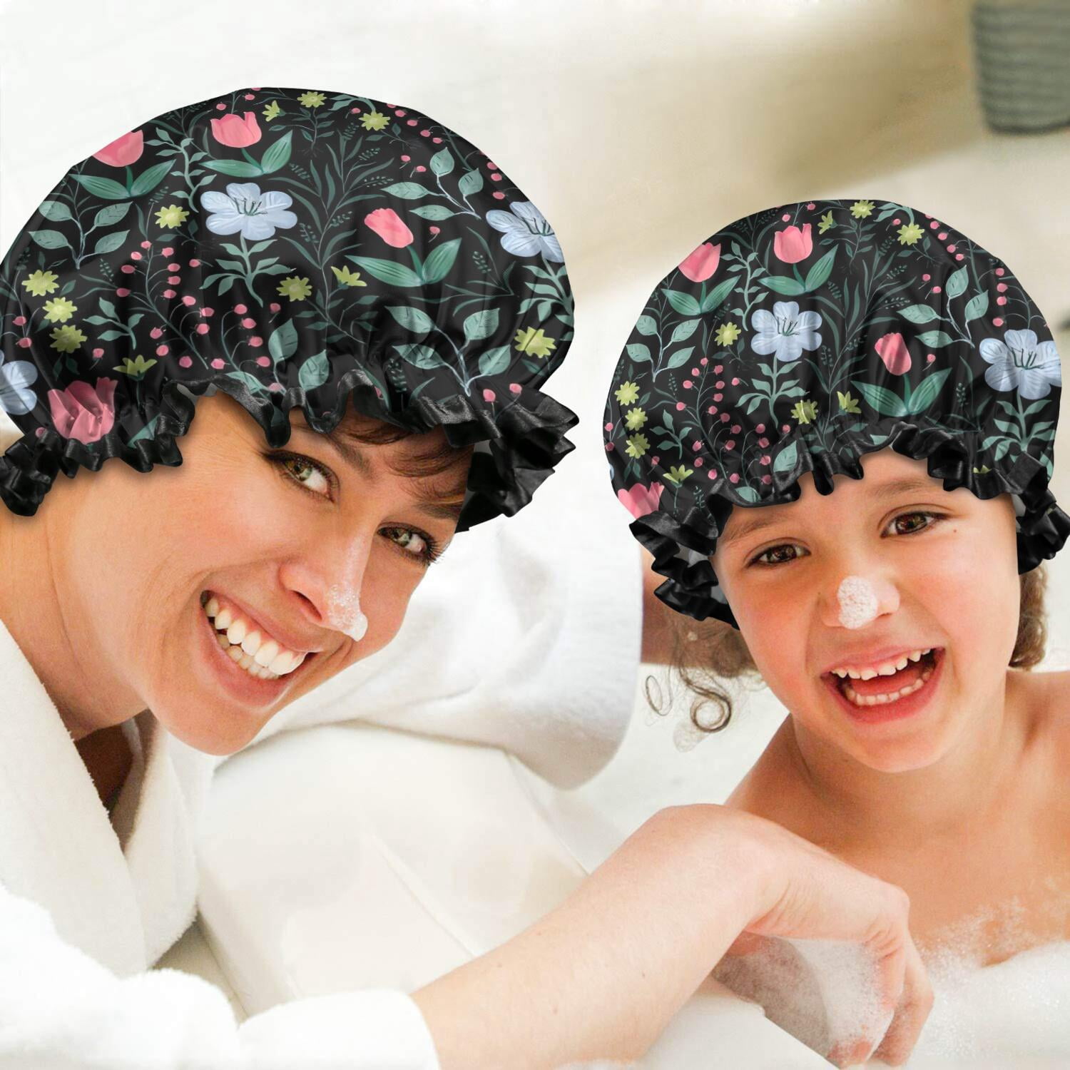 Shower Caps,Pioneer Flower Floral Print Pattern Waterproof Shower Cap for Women 4 Pieces,Double Reusable Hair Cover for Shower PEVA Elastic Stretch Hem